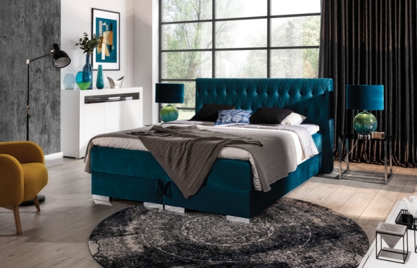 Łóżko kontynentalne JUSTIN z materacem i pojemnikiem na pościel