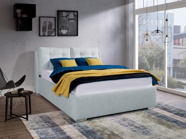 Komfortowe łóżko tapicerowane EDI z poduchami